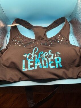Avia Black Sports Bra with Teal Foil "Cheer Leader" Logo and Rhinestones